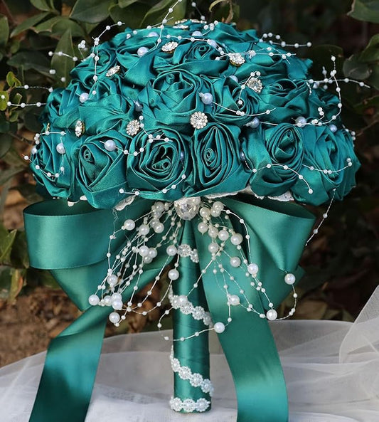 Bridal Wedding Bouquet Round Bling Brooch Bouquet Throw Toss Artificial Rose Flower Bunch for Bride Bridesmaid Wedding Quinceanera(Dark Green, 6.3")