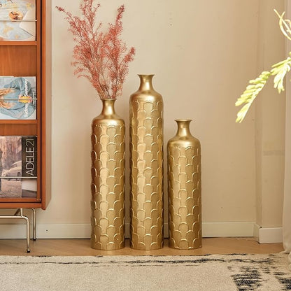 Floor Oversized Gold Metal Decorative Vase with 3D Triangle Pattern Set of 3 Large Vases for Home Living Room 33.5 ", 29.5 ", 25.2" High (Gold)