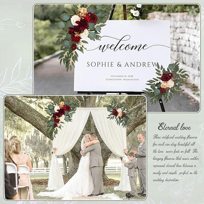 Faux Flower Swag Set of 2, Artificial Flowers Swags for Wedding Arch, Wedding Welcome Signs, Welcome Reception Ceremony Signs Decorations Burgundy