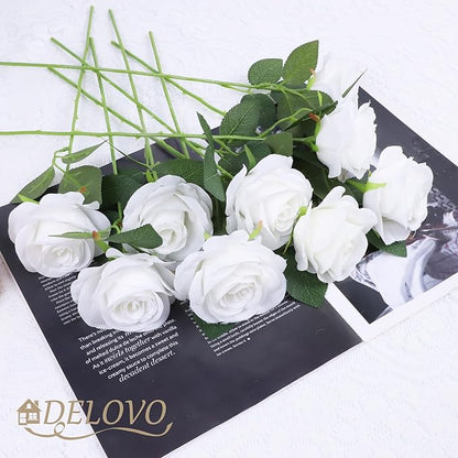 52pcs White Roses Artificial Flowers Ivory Fake Flowers Silk Roses with Stems for DIY Wedding Bouquets Bridal Shower Centerpieces Arrangements Party Decorations