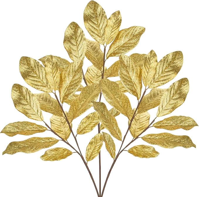 3 Pack Gold Glittered Artificial Leaf Spray Picks 31" Tall Magnolia Leaves Long Stems for Christmas Picks Winter Wedding Christmas Tree Garland Wreath DIY Bouquet Centerpiece Vase