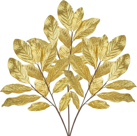 3 Pack Gold Glittered Artificial Leaf Spray Picks 31" Tall Magnolia Leaves Long Stems for Christmas Picks Winter Wedding Christmas Tree Garland Wreath DIY Bouquet Centerpiece Vase