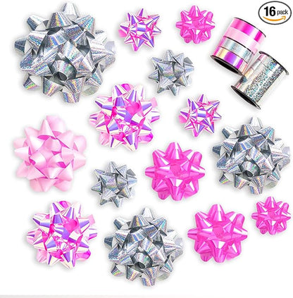 WRAPAHOLIC 16 Pcs Gift Bows Assortment - 14 Multi Colored Assorted Size Gift Bows (Pink, Fushcia, Silver) and 2 Crimped Curling Ribbons, Perfect for Christmas, Holiday, Party