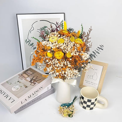 Handmade Dried Flower Bouquet – Natural Orange & Yellow Floral Arrangement with Baby’s Breath, Craspedia, and Eucalyptus – Rustic Boho Style for Home Decor, Weddings, Fall Decor