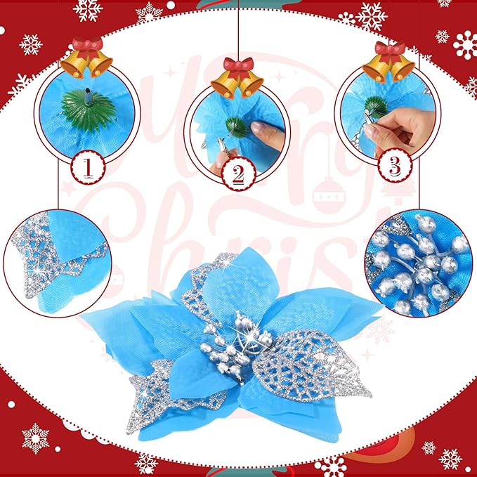 Boao 24 Pieces Christmas Artificial Glitter Poinsettia Flowers Xmas Flowers Wedding Christmas Tree New Year Ornaments(Lake Blue)