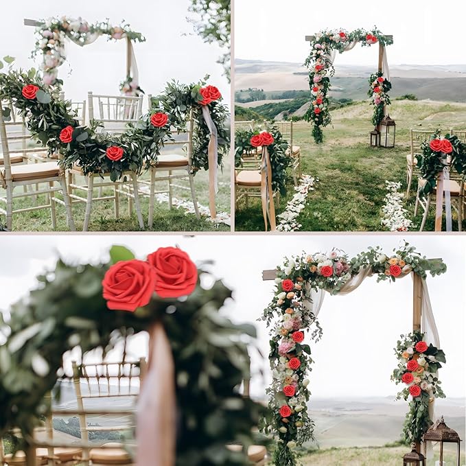 Artificial Flowers Red Roses Real Looking Foam Fake Roses 50PCS with Leaves and for DIY Wedding Bouquets Bridal Shower Centerpieces Party Decorations (Red)