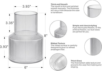 8" High Ribbed Glass Vase, Glass Flower Vase, Fluted Clear Vases for Lego Flower Bouquet, Modern Glass Vases for Living Room, Dinning Table, Wedding (Clear, 6"x8")