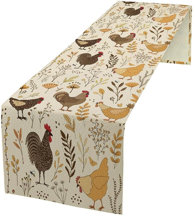 Farmhouse Rooster Table Runner, Rustic Farm Animals Cute Cartoon Chicken Floral Dinner Runner for Farmhouse Home Kitchen Dinner Table Holiday Party Decoration 13x90in