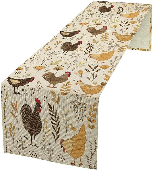 Farmhouse Rooster Table Runner, Rustic Farm Animals Cute Cartoon Chicken Floral Dinner Runner for Farmhouse Home Kitchen Dinner Table Holiday Party Decoration 13x120in