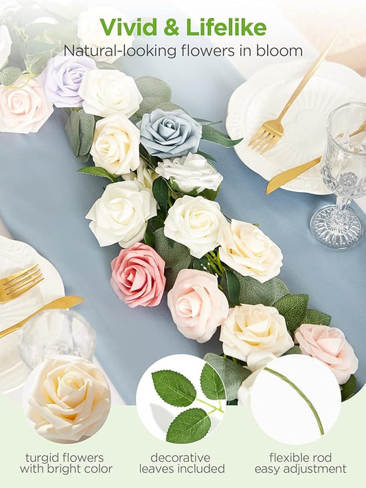 InnoGear Artificial Flowers, 50 Pcs Cream Foam Fake Roses Bulk with Stems for Decoration DIY Wedding Bouquets Centerpieces Bridal Shower Party Christmas Tree