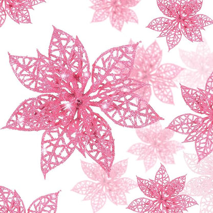 Boao Pink 24 Pieces Poinsettia Flower Christmas Glitter Artificial Poinsettia with Clips Christmas Tree Ornament Decorations for DIY Xmas Wreath Holiday Home Party Decor, 3/4/6 Inches