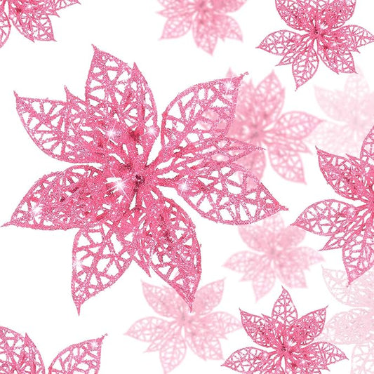 Boao Pink 24 Pieces Poinsettia Flower Christmas Glitter Artificial Poinsettia with Clips Christmas Tree Ornament Decorations for DIY Xmas Wreath Holiday Home Party Decor, 3/4/6 Inches
