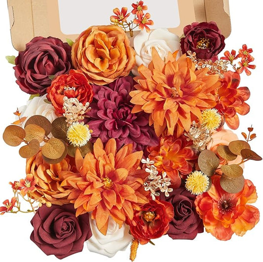 Serwalin Artificial Flowers Orange Burgundy Fall Fake Flowers for DIY Table Centerpieces for Wedding Bouquets Centerpieces Arrangements Silk Flowers Party Baby Shower Home Decorations