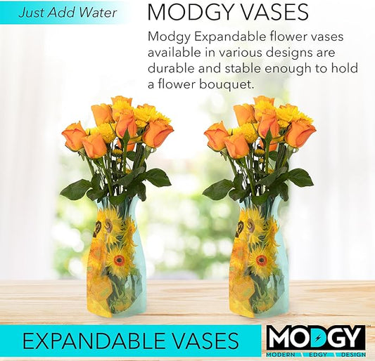 MODGY Expandable Flower Vase, Plastic Decorative Modern Foldable Printed Vases for Centerpieces for Wedding, Dining Table, Home Decor, Living Room, Bathroom, Sunflowers, Vincent Van Gogh, 2 Pack