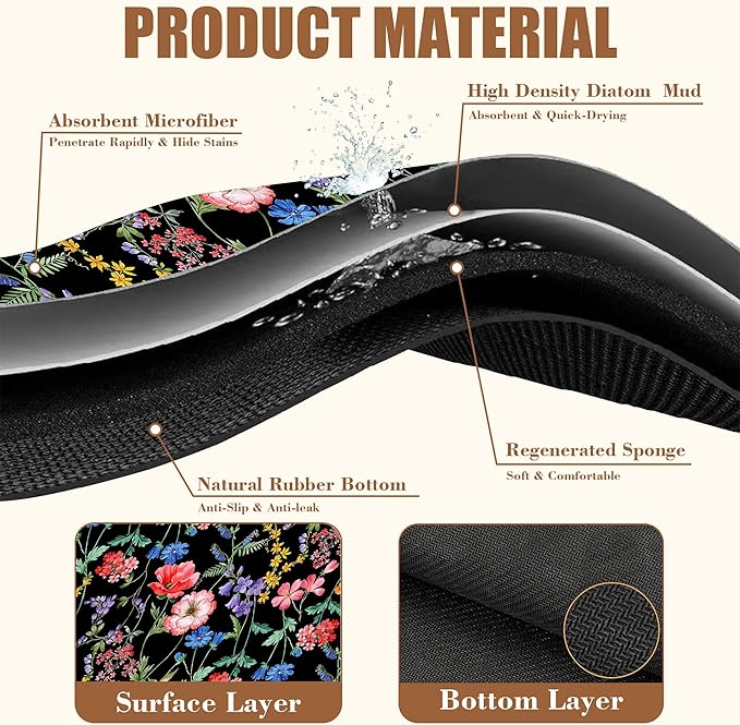 Beautiful Flowers Dish Drying Mat for Kitchen Counter Coffee Bar Mat Hide Stain Absorbent Rubber Backed Coffee Mat Coffee Maker Espresso Machine Coffee Bar Accessories 11.8 x 19.7 Inch