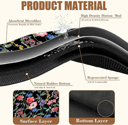 Beautiful Flowers Dish Drying Mat for Kitchen Counter Coffee Bar Mat Hide Stain Absorbent Rubber Backed Coffee Mat Coffee Maker Espresso Machine Coffee Bar Accessories 11.8 x 19.7 Inch