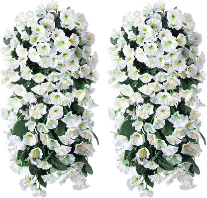 Artificial Faux Hanging Plants Flowers for Winter Christmas Outdoor Outside Decor, 2 PCS Fake Silk White Morning Glory Long Vines UV Resistant Look Real for Home Porch Patio Balcony Planter Decoration