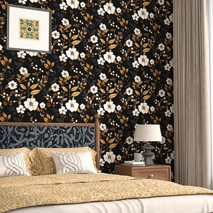 Vintage Black Floral Wallpaper Peel and Stick 17.4" x 118", Retro Golden Leaf White Flower Pattern Contact Paper Classic Removable Covering for Bedroom Bathroom Cabinet Drawer Home Decor Dark