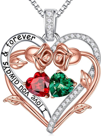 Iefil Rose Heart Double Birthstone Necklace Gifts for Wife Her Mom Women, Birthstone Jewelry Gemstone Birthday Gifts for Girlfriend Grandma Her Wife Women