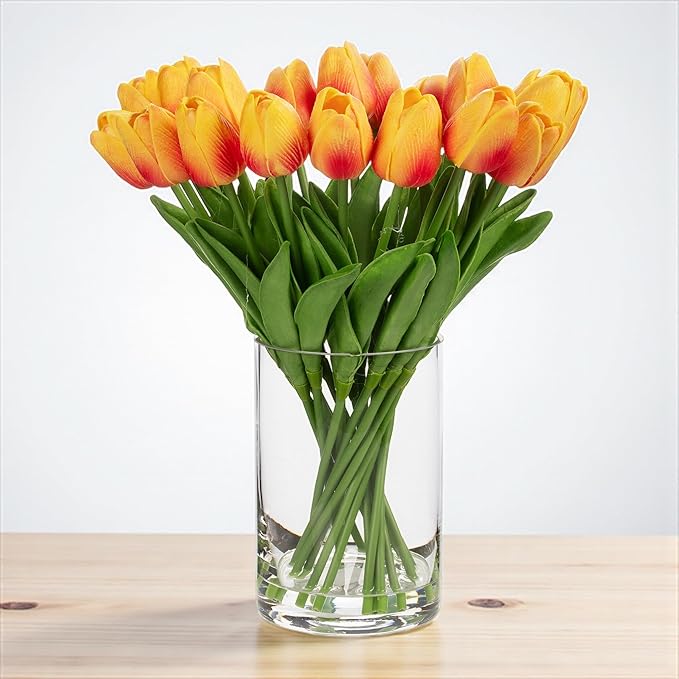 ENOVA FLORAL 20 Heads Real Touch Artificial Tulips Flowers Centerpieces for Dining Table Decorations, Wedding, Farmhouse Decor (Orange)