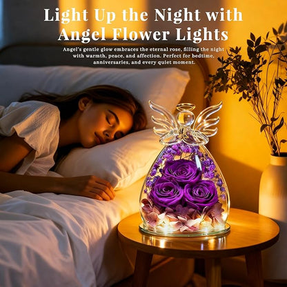 Beferr Christmas Birthday Gifts for Women, Mom Gifts for Christmas Fresh Flowers for Delivery Prime Forever Preserved Rose in Glass Angel Figurine Xmas Gifts for Grandma Wife Sister Her, Purple