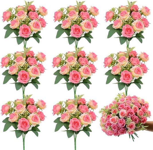 8 Pack Rose Artificial Flowers Bouquet, 10 Small Silk Rose Heads Per Pack, Fake Roses Bunches for Wedding Table Centerpieces Bridal Bouquet Mother's Day Valentine's Day Home Decor, Deep Pink