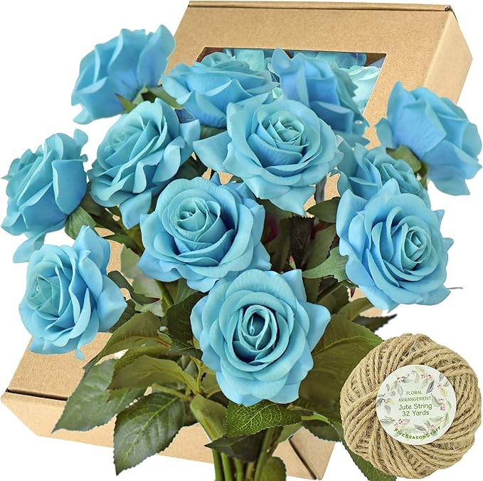 FiveSeasonStuff Silk Roses Artificial Flowers for Decoration, Home Decor Centerpiece for Tables, Wedding Bridal Bouquet of Flowers Real Touch Roses 12 Stems (Turquoise)