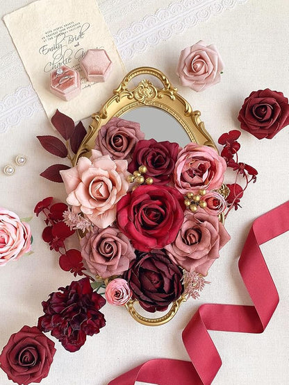 Roses Artificial Flowers Burgundy Fake Flower Bulk for DIY Wedding Bouquet Bridal Baby Shower Centerpiece Table Decorations Cake Decorating Silk Faux Floral Arrangements Party Home Decor Dusty