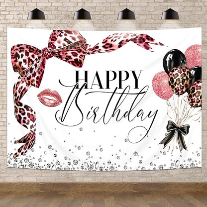 Pink Leoprad Bow Backdrop 7Wx5H Photography Happy Birthday Girls Lips Dimonds Black Brown Bowknot Balloons Background Fashion Elegant Bday Party Decorations Banner Photo Booth Props Supplies