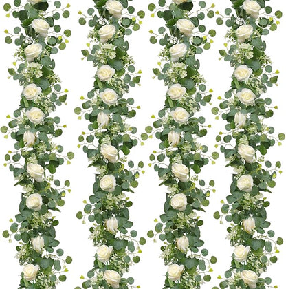 TOCHGREEN 4Pcs(26 Ft) Artificial Eucalyptus & White Rose Flower Garland, Faux Rose Vine & Gypsophila Greenery for Party & Wedding Decor (White, 4PCS)