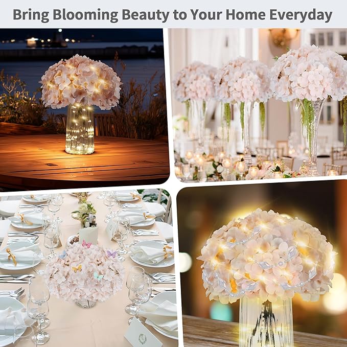 64PCS Artificial Hydrangea Flowers with Stems, Silk Hydrangea Heads with LED Decorative Lights, Crystal Strings & Butterfly Accents for Wedding Centerpieces and Home Decor(64, Pink)