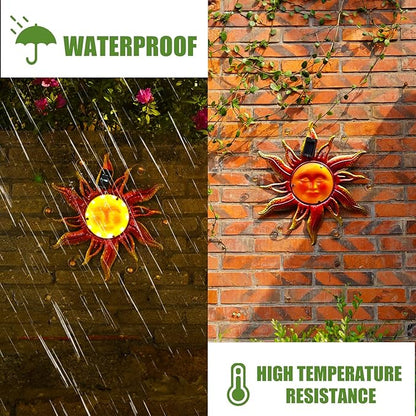 18" Solar Sun Face Wall Art - Metal Sun Sculpture with LED Lights & Smiling Face, Outdoor Wall Hanging Decorations (Gold)