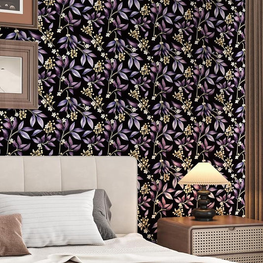 Dark Peel and Stick Wallpaper Vintage, Black Purple Leaf Removable Self-Adhesive Vinyl for Bathroom Bedroom Kitchen Drawer Cabinet, Golden Floral Pattern Wall Decor Retro Style 17.5" x 118"