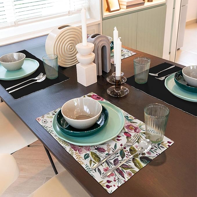 Watercolor Flower Linen Placemats Set of 4,Summer Floral Non Slip Heat-Resistant Washable Table Place Mats Tablemats for Kitchen Dining Table 6 PCS, Pink Flowers