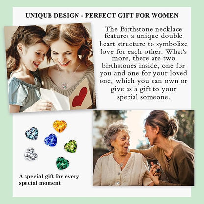 Iefil Rose Heart Double Birthstone Necklace Gifts for Wife Her Mom Women, Birthstone Jewelry Gemstone Birthday Gifts for Girlfriend Grandma Her Wife Women