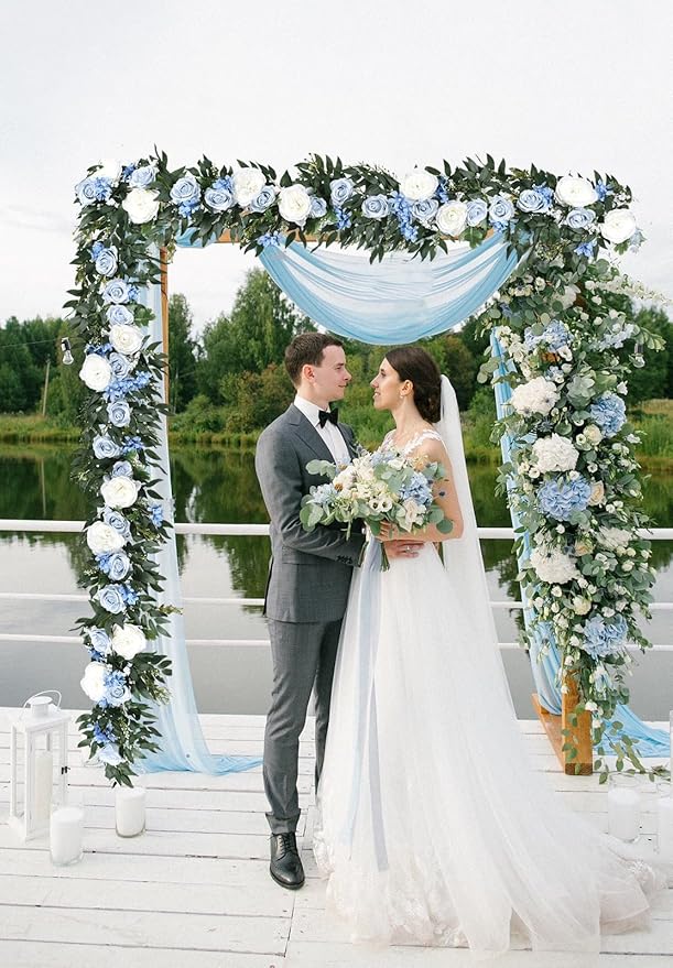 Lvydec 2 Pack Artificial Peony Flower Garland - 6ft Silk Peony Vine Willow Leaves Garland Blue and White Arch Flower Vine for Wedding Party Table Decoration (Blue)