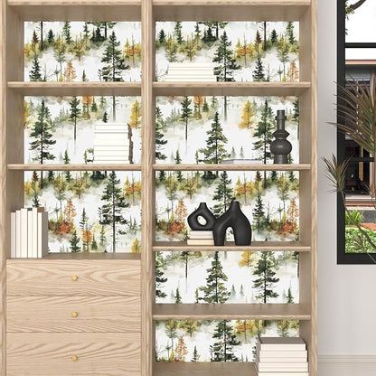 Autumn Forest Wallpaper Peel and Stick, Green/Yellow Pine Trees Contact Paper,Woodland Landscape Wall Mural Self Adhesive Waterproof Removable for Bathroom Shelves Cabinet Drawer Table 17.5" x 118"