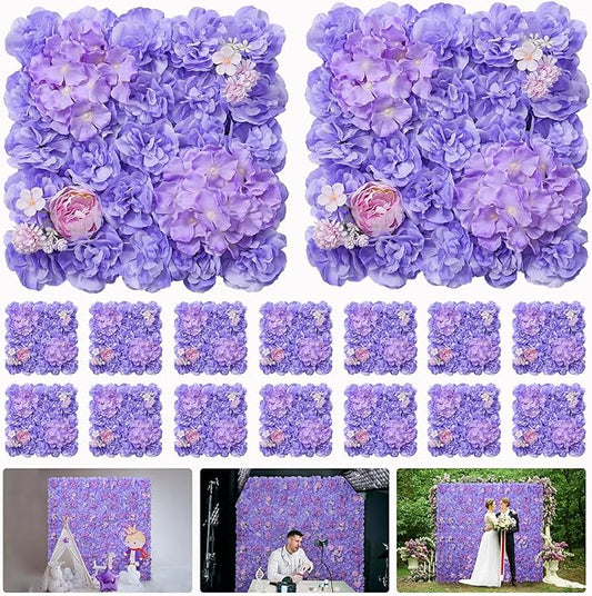 Artificial Flower Wall Backdrop 16pcs 16.5x16.5 Inch Silk Rose Artificial Floral Wall Panel Ideal for Wedding Celebrations, Festive Party Backdrops, and Elegant Home Decor-Purple