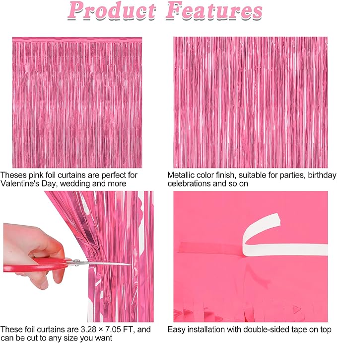8 Pack Pink Backdrop, 3.28 FT x 7.05 FT Pink Birthday Decorations, Metallic Pink Backdrop for Photoshoot Foil Curtains Party Streamer, Bachelorette Decorations Birthday Photo Booth Props