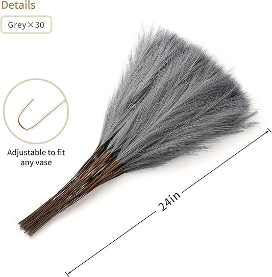 Grey Pampas Grass Decor - 30pcs 24 Inch Long Faux Pampas Grass Decor, Artificial Pampas Feather for Vase Filler, Wedding, Party, Office and Home Decor (Grey)