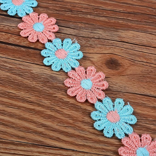 15 Yards Daisy Flower Lace Trim Embroidered Floral Lace Sewing Trim Ribbons for Embellishment Craft Dress Hair Accessories Decorations(Pink/Blue)