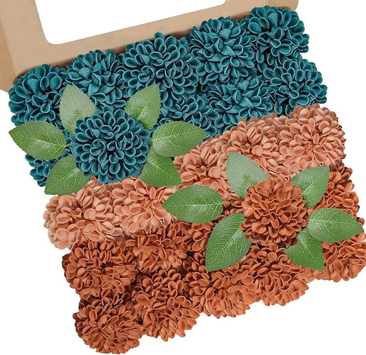 Artificial Flowers, 25pcs Realistic Artificial Rose for DIY Wedding Bouquets Centerpieces Arrangements, Shades of Terracotta and Dark Teal Dahlia Flowers with Stem for Party Home Decorations