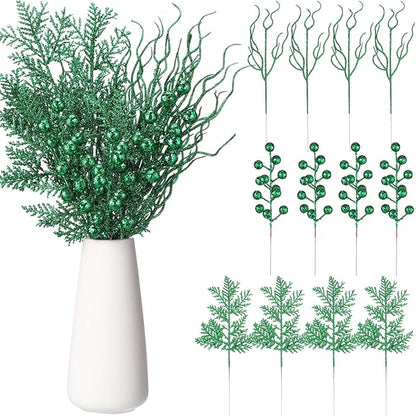 75 Pcs Christmas Glitter Branches 3 Styles Artificial Christmas Picks Berries Stems Pine Needles Floral Twig Spray for Xmas Tree Ornaments DIY Wreath Garland(Green)