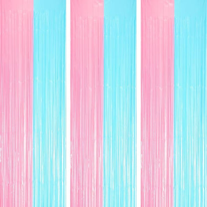 3 Pack 3.3 x 8.2 ft Pastel Blue and Pink Foil Fringe Backdrop Curtains, Tinsel Streamers Party Decorations, Fringe Backdrop for Grender Reveal, Baby Shower, Birthday Party