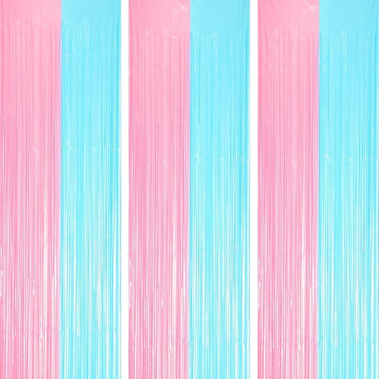 3 Pack 3.3 x 8.2 ft Pastel Blue and Pink Foil Fringe Backdrop Curtains, Tinsel Streamers Party Decorations, Fringe Backdrop for Grender Reveal, Baby Shower, Birthday Party