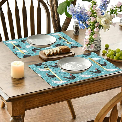 Lovely Roosters Placemats Set of 4,Hens 12x18 Inch Non-Slip Washable Heat Resistant Linen Fabric Table Mats,Place Mats for Holiday Party