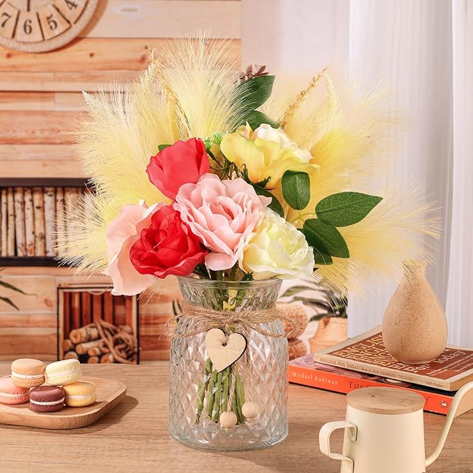 Artificial Flowers with Vase Centerpiece Table Decorations for Dining Room Farmhouse Living Room Table Centerpieces Decor Fake Silk Rose Bouquet in Glass Vase for Centerpiece Home Coffee Table Decor