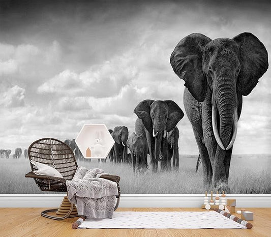 Eierme-A Herd of Elephants Walking on The African Savannah Mural Wallpaper Peel and Stick 160" x 114"