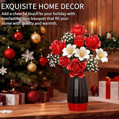 Roses Flower Bouquet Building Blocks Set with Vase, Women Men Teen Girls Gifts for Christmas, 1077PCS Botanical Collection Artificial Flowers Birthday Gifts for Her Him Wife Husband Mom Grandma Adults