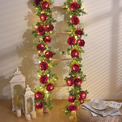 Dolicer 2Pcs 13Ft Artificial Eucalyptus Garlands with Flowers - 8 Roses, Faux Floral Greenery Garlands with 13Ft String Lights Fake Flowers Vines for Wedding Table Centerpieces Arch Party Decor (Red)